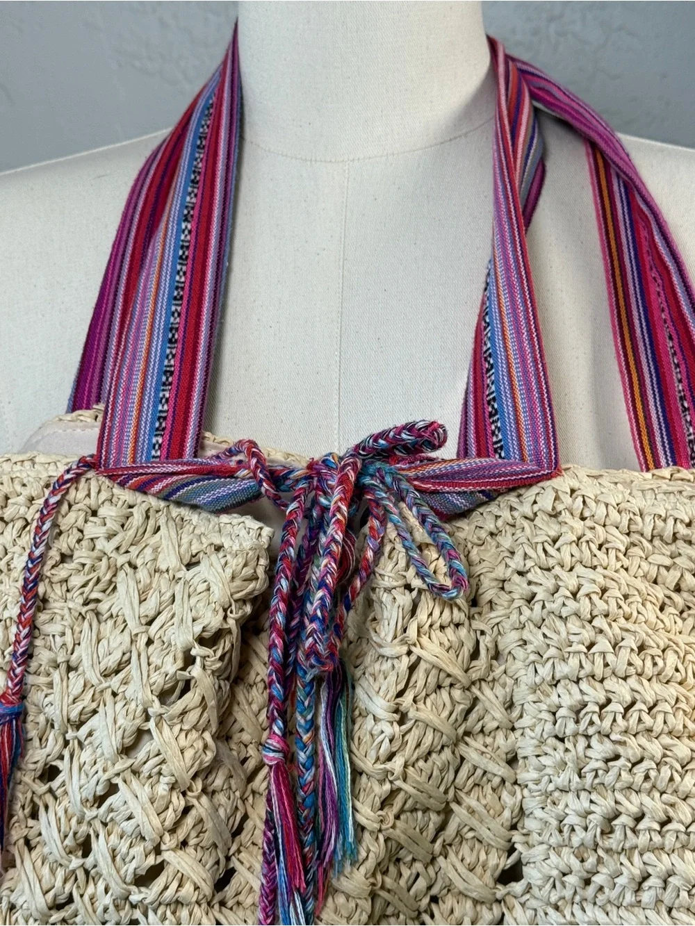 Boho Straw Tote Bag Crochet Woven Beach Market Bag Pink Striped Handles